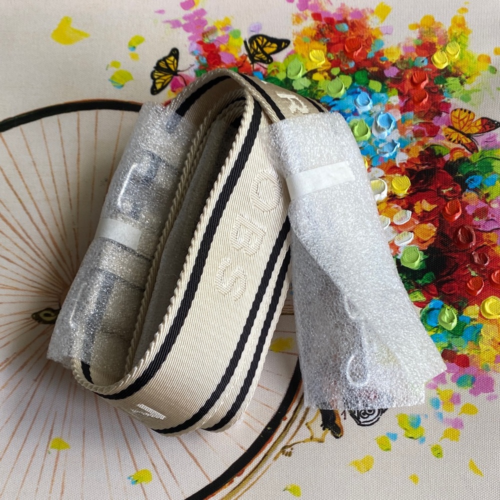 Beige Webbing Bag Strap with Black. Silver hardware.
